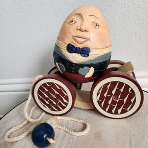 Vintage RARE BRIERE Folk Art Pull Toy 1988 Humpty Dumpty Ball & Cart Cradle